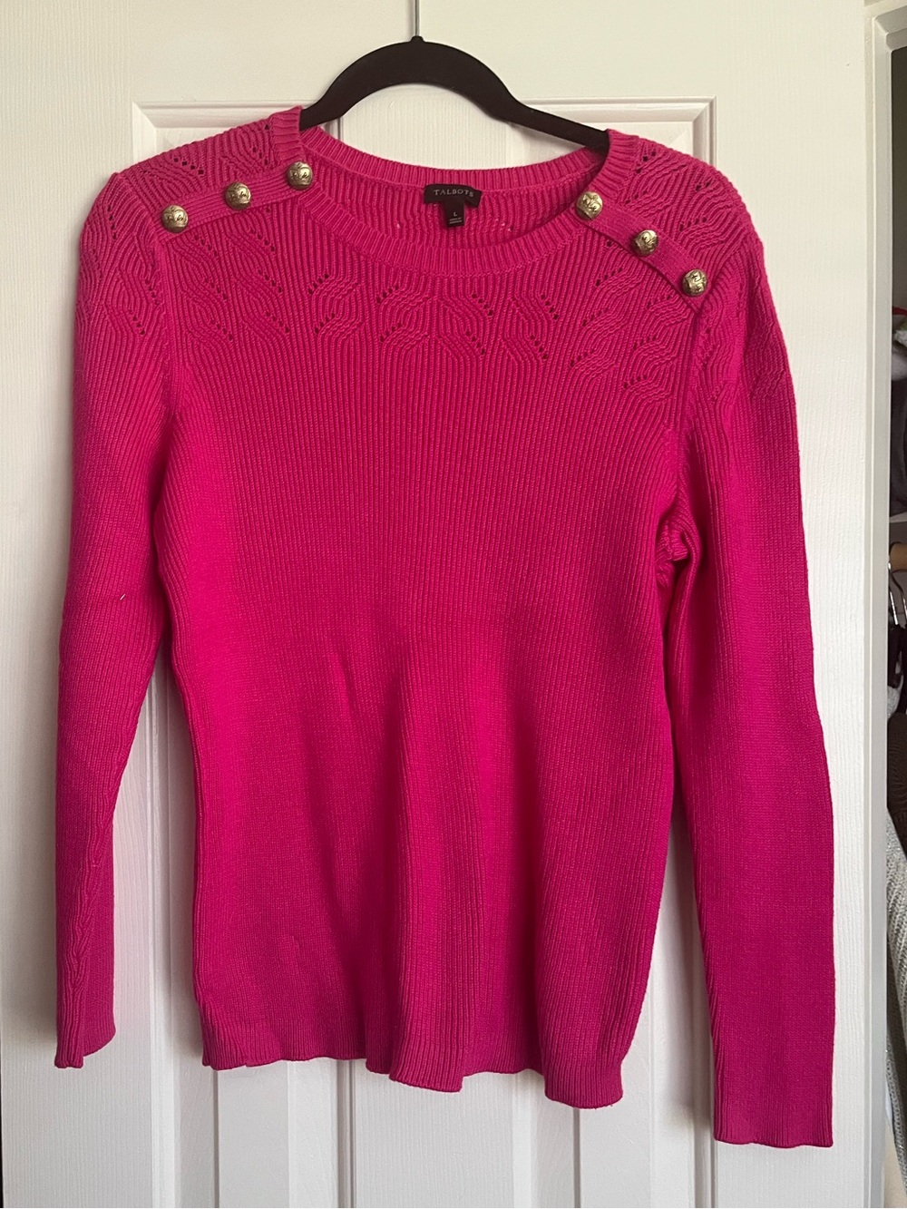 Talbots Hot Pink Crewneck Sweater with Gold Shoulder Buttons